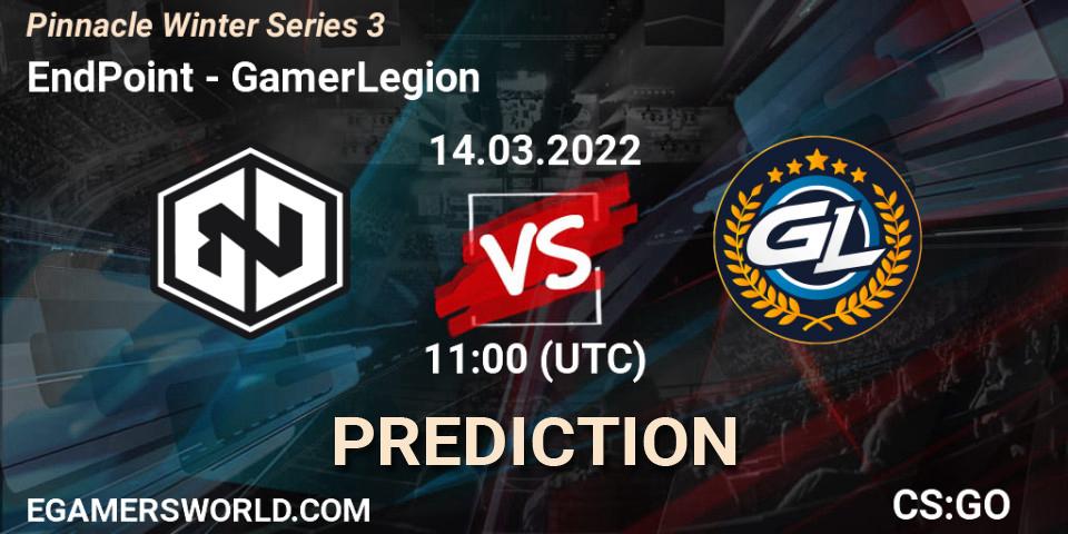 EndPoint contre GamerLegion : prédiction de match. 14.03.2022 at 11:00. Counter-Strike (CS2), Pinnacle Winter Series 3