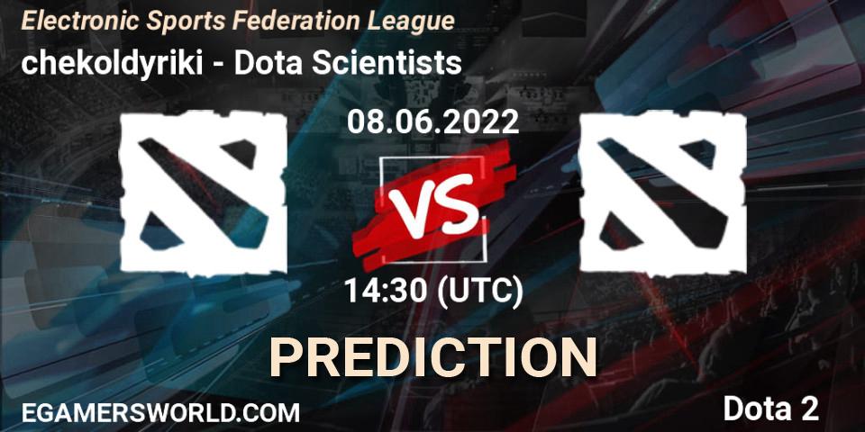 chekoldyriki contre Dota Scientists : prédiction de match. 08.06.2022 at 14:35. Dota 2, Electronic Sports Federation League