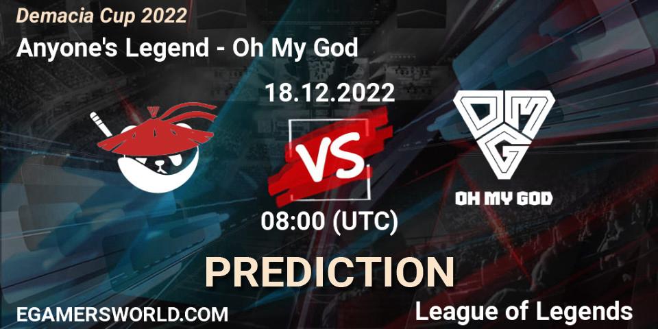 Anyone's Legend contre Oh My God : prédiction de match. 18.12.2022 at 08:00. LoL, Demacia Cup 2022
