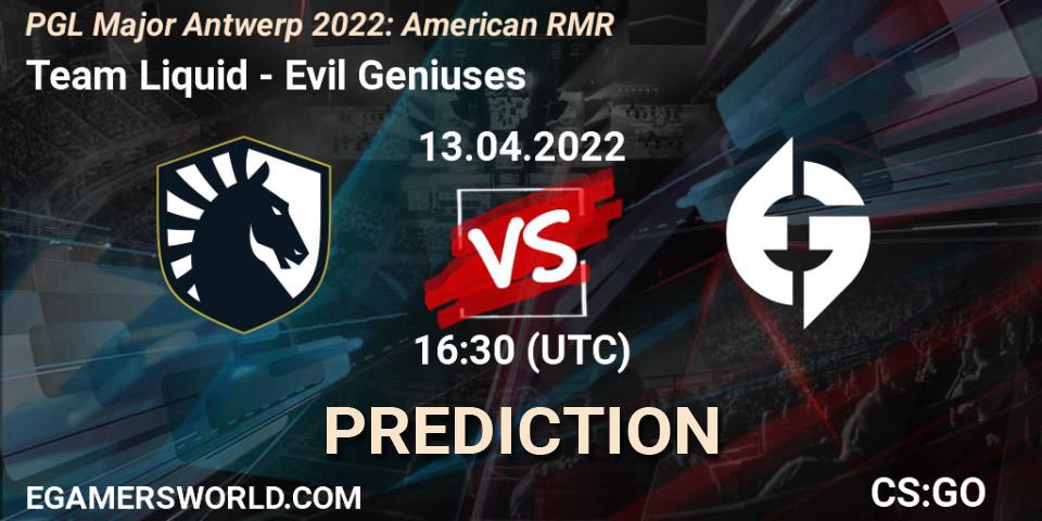 Team Liquid contre Evil Geniuses : prédiction de match. 13.04.2022 at 14:50. Counter-Strike (CS2), PGL Major Antwerp 2022: American RMR