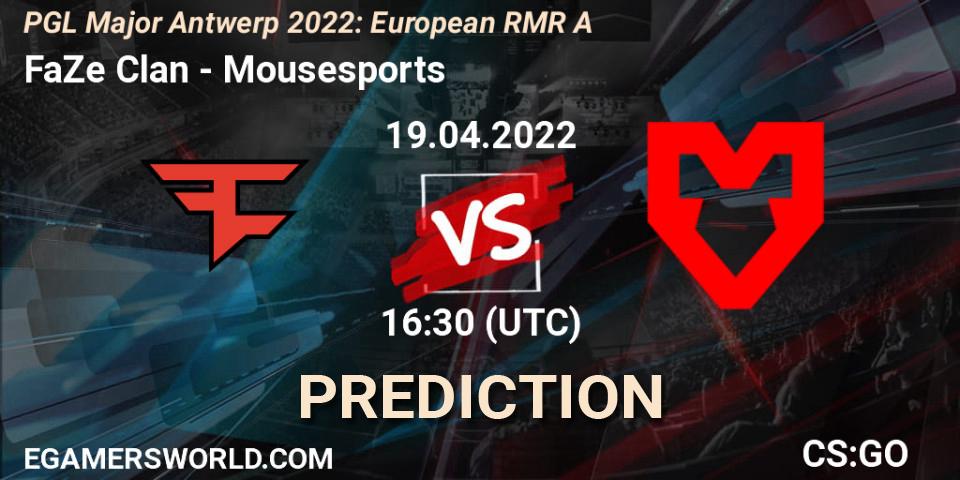 FaZe Clan contre Mousesports : prédiction de match. 19.04.2022 at 15:05. Counter-Strike (CS2), PGL Major Antwerp 2022: European RMR A