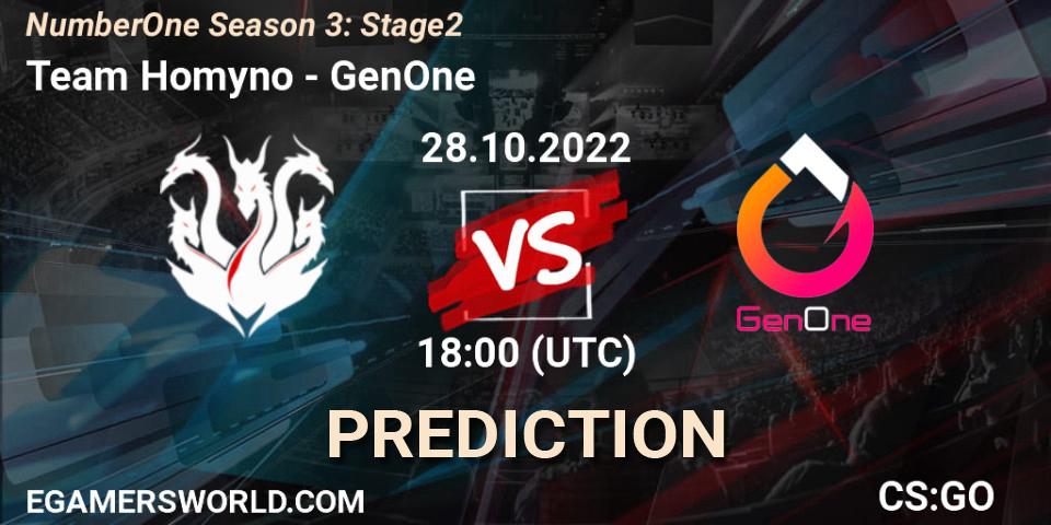 Team Homyno contre GenOne : prédiction de match. 01.11.2022 at 19:00. Counter-Strike (CS2), NumberOne Season 3: Stage 2