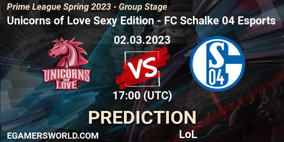 Unicorns of Love Sexy Edition contre FC Schalke 04 Esports : prédiction de match. 02.03.2023 at 20:00. LoL, Prime League Spring 2023 - Group Stage