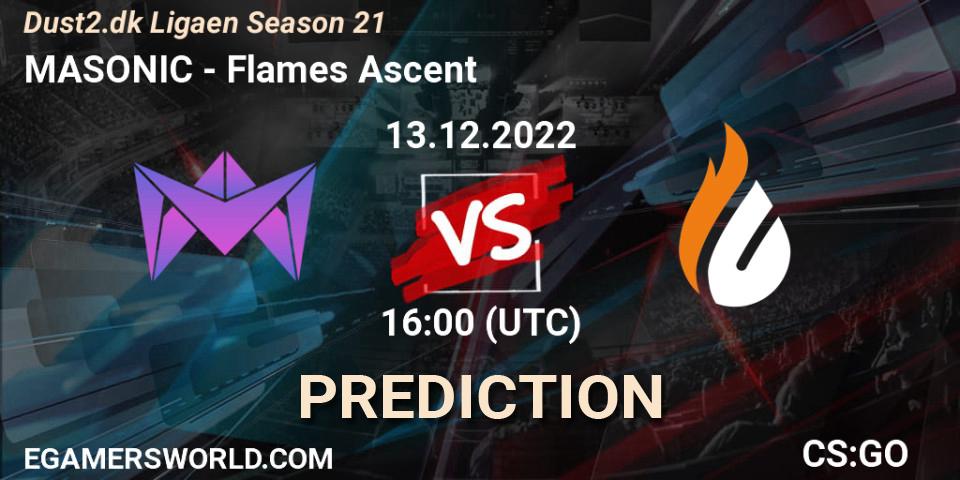 MASONIC contre Flames Ascent : prédiction de match. 13.12.2022 at 15:20. Counter-Strike (CS2), Dust2.dk Ligaen Season 21