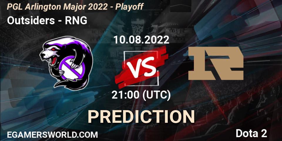 Outsiders contre RNG : prédiction de match. 10.08.2022 at 22:30. Dota 2, PGL Arlington Major 2022 - Playoff