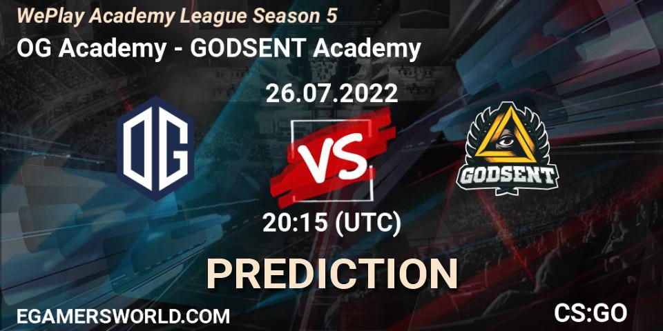 OG Academy contre GODSENT Academy : prédiction de match. 26.07.2022 at 20:15. Counter-Strike (CS2), WePlay Academy League Season 5