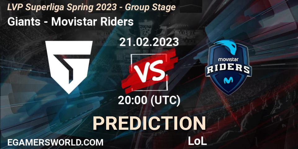 Giants contre Movistar Riders : prédiction de match. 21.02.2023 at 18:00. LoL, LVP Superliga Spring 2023 - Group Stage