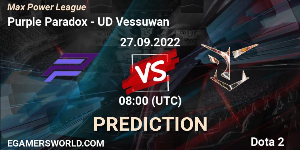 Purple Paradox contre UD Vessuwan : prédiction de match. 27.09.2022 at 08:10. Dota 2, Max Power League