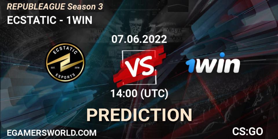 ECSTATIC contre 1WIN : prédiction de match. 07.06.2022 at 14:00. Counter-Strike (CS2), REPUBLEAGUE Season 3