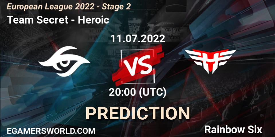 Team Secret contre Heroic : prédiction de match. 11.07.2022 at 17:00. Rainbow Six, European League 2022 - Stage 2