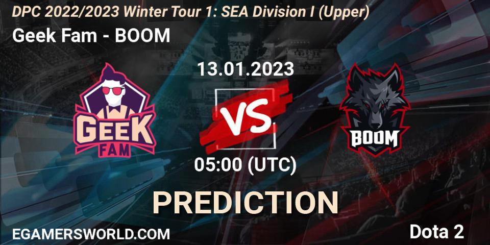 Geek Slate contre BOOM : prédiction de match. 13.01.2023 at 05:00. Dota 2, DPC 2022/2023 Winter Tour 1: SEA Division I (Upper)