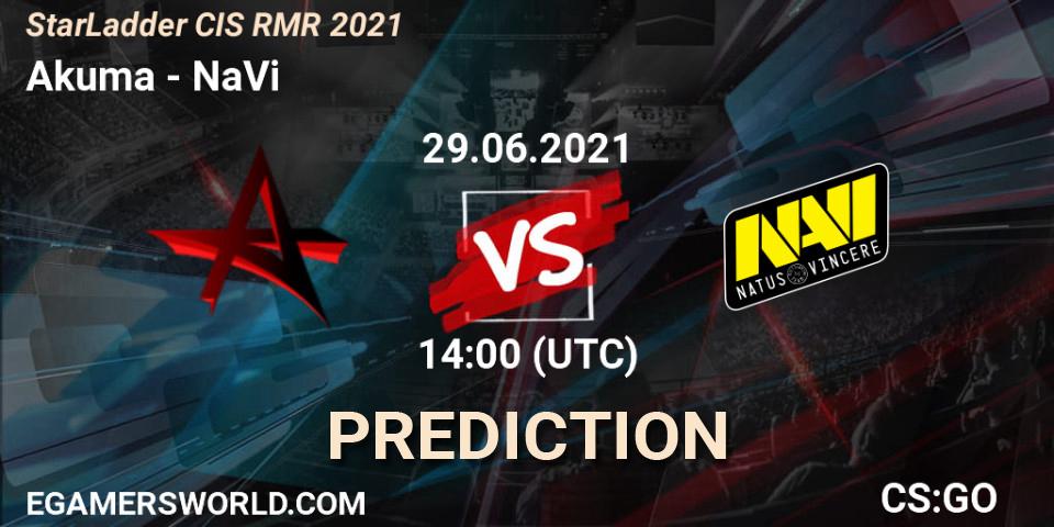 Akuma contre NaVi : prédiction de match. 29.06.2021 at 14:00. Counter-Strike (CS2), StarLadder CIS RMR 2021