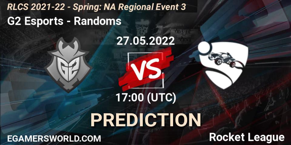 G2 Esports contre Randoms : prédiction de match. 27.05.2022 at 17:00. Rocket League, RLCS 2021-22 - Spring: NA Regional Event 3