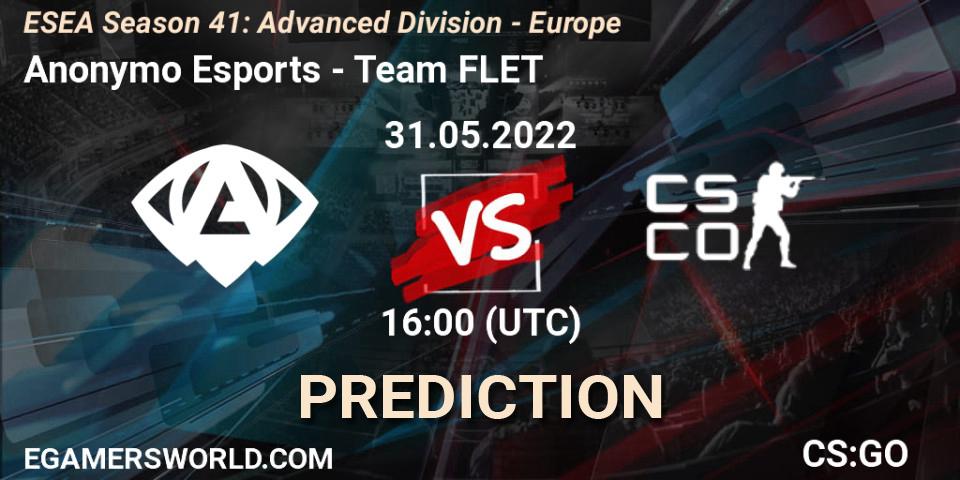 Anonymo Esports contre Team FLET : prédiction de match. 31.05.2022 at 16:00. Counter-Strike (CS2), ESEA Season 41: Advanced Division - Europe