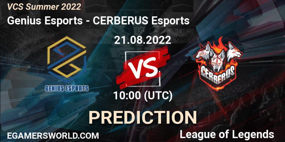 Genius Esports contre CERBERUS Esports : prédiction de match. 21.08.2022 at 10:00. LoL, VCS Summer 2022