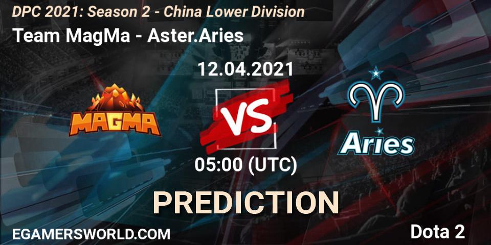 Team MagMa contre Aster.Aries : prédiction de match. 12.04.2021 at 03:55. Dota 2, DPC 2021: Season 2 - China Lower Division