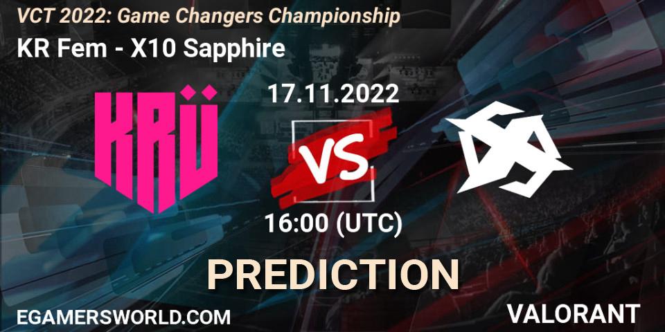 KRÜ Fem contre X10 Sapphire : prédiction de match. 17.11.2022 at 18:00. VALORANT, VCT 2022: Game Changers Championship