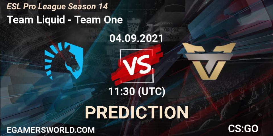 Team Liquid contre Team One : prédiction de match. 04.09.2021 at 11:30. Counter-Strike (CS2), ESL Pro League Season 14