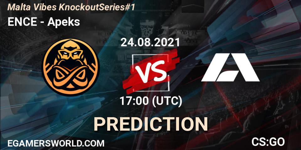 ENCE contre Apeks : prédiction de match. 24.08.2021 at 11:35. Counter-Strike (CS2), Malta Vibes Knockout Series #1