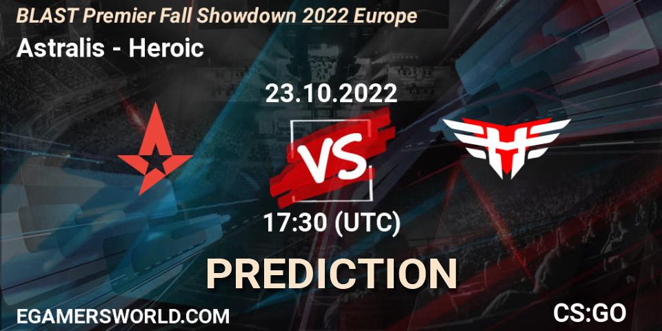 Astralis contre Heroic : prédiction de match. 23.10.2022 at 17:30. Counter-Strike (CS2), BLAST Premier Fall Showdown 2022 Europe
