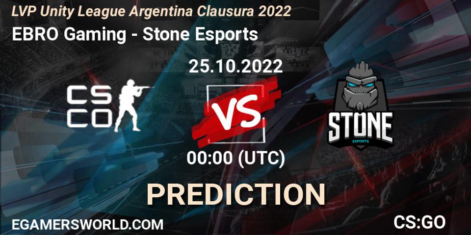EBRO Gaming contre Stone Esports : prédiction de match. 25.10.2022 at 01:00. Counter-Strike (CS2), LVP Unity League Argentina Clausura 2022