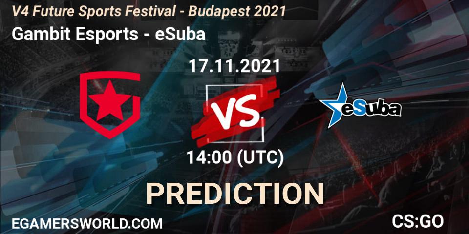 Gambit Esports contre eSuba : prédiction de match. 17.11.2021 at 14:50. Counter-Strike (CS2), V4 Future Sports Festival - Budapest 2021