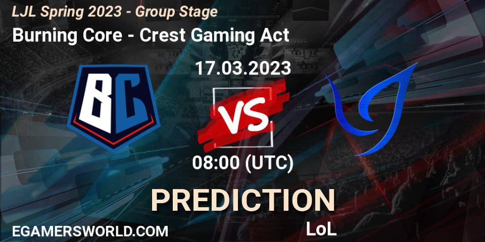 Burning Core contre Crest Gaming Act : prédiction de match. 17.03.2023 at 08:00. LoL, LJL Spring 2023 - Group Stage