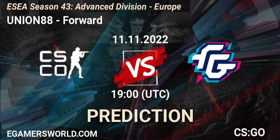 UNION88 contre Forward : prédiction de match. 11.11.2022 at 19:00. Counter-Strike (CS2), ESEA Season 43: Advanced Division - Europe