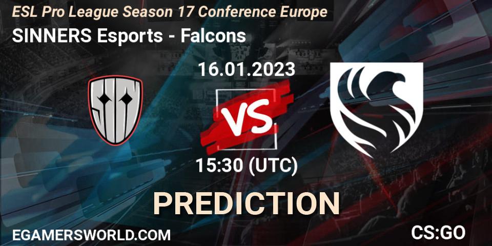 SINNERS Esports contre Falcons : prédiction de match. 16.01.2023 at 15:30. Counter-Strike (CS2), ESL Pro League Season 17 Conference Europe