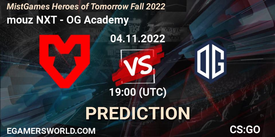 mouz NXT contre OG Academy : prédiction de match. 04.11.2022 at 19:00. Counter-Strike (CS2), MistGames Heroes of Tomorrow Fall 2022