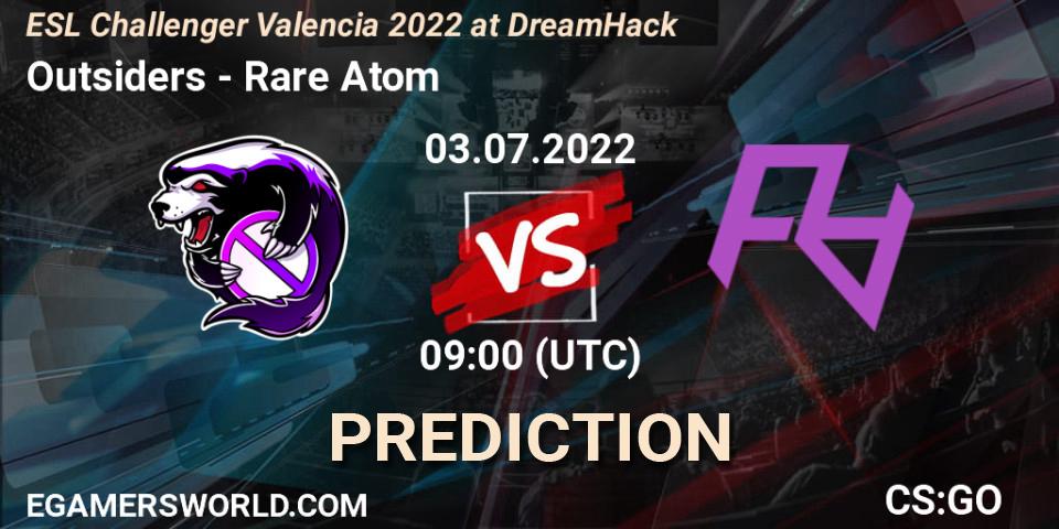 Outsiders contre Rare Atom : prédiction de match. 03.07.2022 at 09:00. Counter-Strike (CS2), ESL Challenger Valencia 2022 at DreamHack