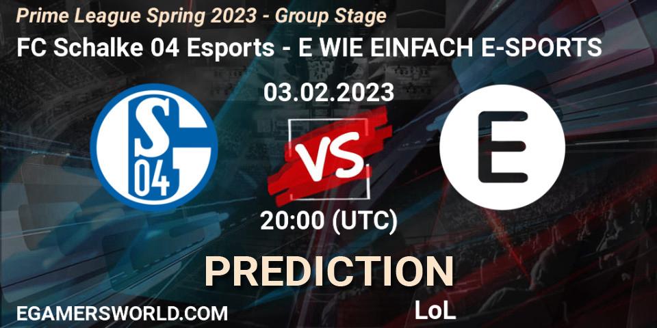 FC Schalke 04 Esports contre E WIE EINFACH E-SPORTS : prédiction de match. 03.02.2023 at 17:00. LoL, Prime League Spring 2023 - Group Stage