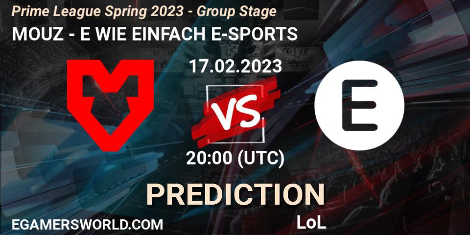 MOUZ contre E WIE EINFACH E-SPORTS : prédiction de match. 17.02.2023 at 21:00. LoL, Prime League Spring 2023 - Group Stage