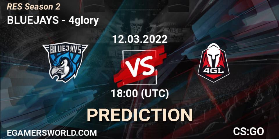 BLUEJAYS contre 4glory : prédiction de match. 12.03.2022 at 18:20. Counter-Strike (CS2), RES Season 2