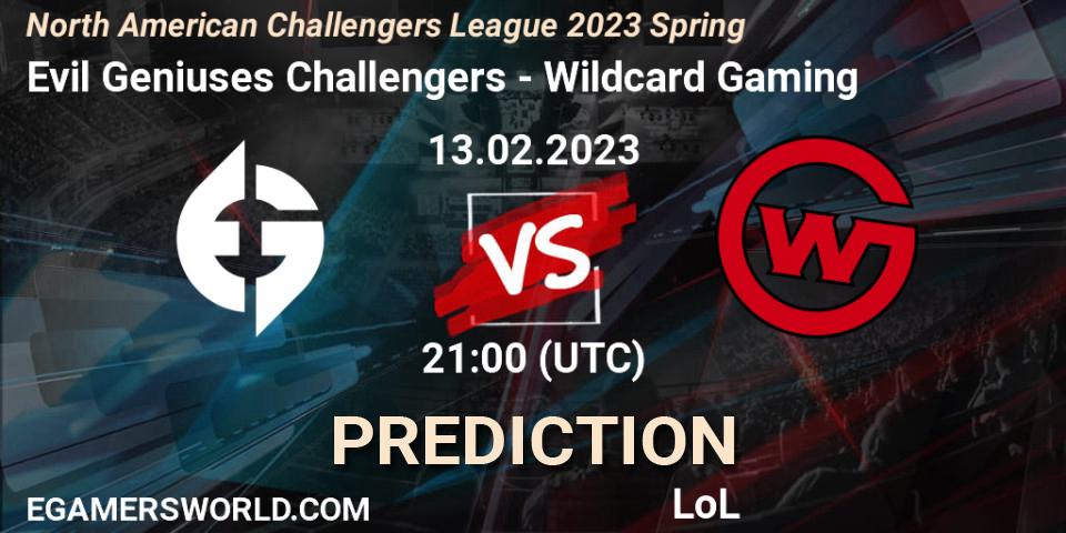 Evil Geniuses Challengers contre Wildcard Gaming : prédiction de match. 13.02.2023 at 21:00. LoL, NACL 2023 Spring - Group Stage