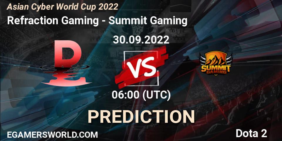 Refraction Gaming contre Summit Gaming : prédiction de match. 30.09.2022 at 06:07. Dota 2, Asian Cyber World Cup 2022