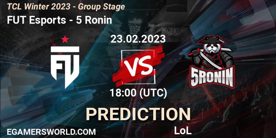 FUT Esports contre 5 Ronin : prédiction de match. 05.03.2023 at 18:00. LoL, TCL Winter 2023 - Group Stage
