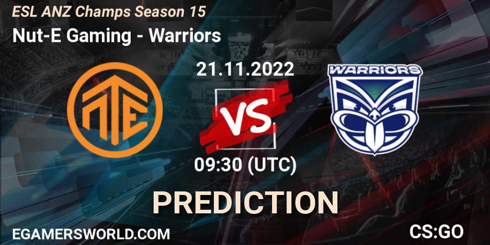 Nut-E Gaming contre Warriors : prédiction de match. 21.11.2022 at 09:30. Counter-Strike (CS2), ESL ANZ Champs Season 15