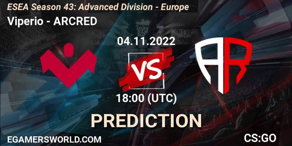 Viperio contre ARCRED : prédiction de match. 04.11.2022 at 18:00. Counter-Strike (CS2), ESEA Season 43: Advanced Division - Europe