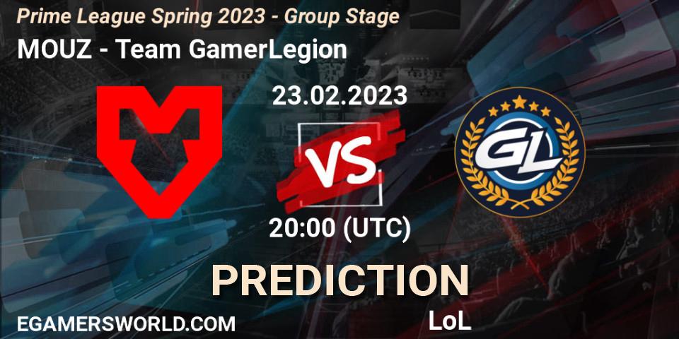 MOUZ contre Team GamerLegion : prédiction de match. 23.02.2023 at 17:00. LoL, Prime League Spring 2023 - Group Stage