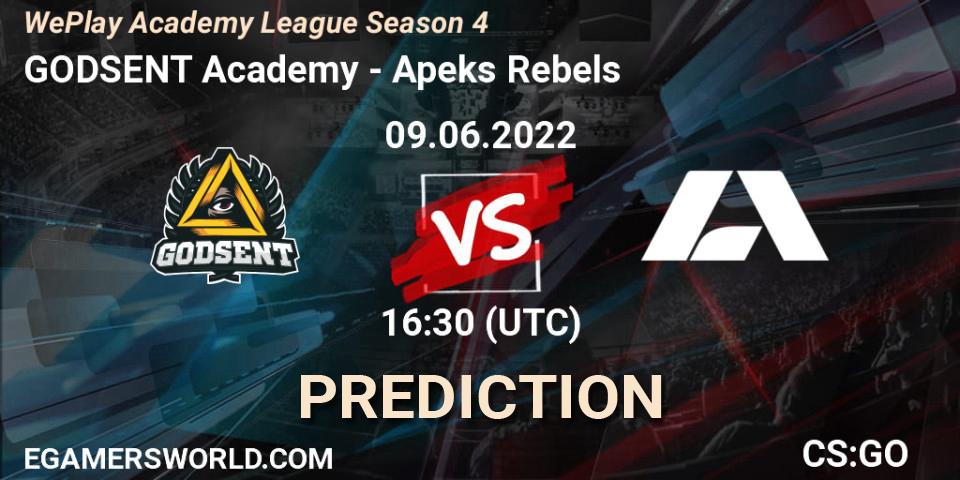 GODSENT Academy contre Apeks Rebels : prédiction de match. 09.06.2022 at 17:40. Counter-Strike (CS2), WePlay Academy League Season 4