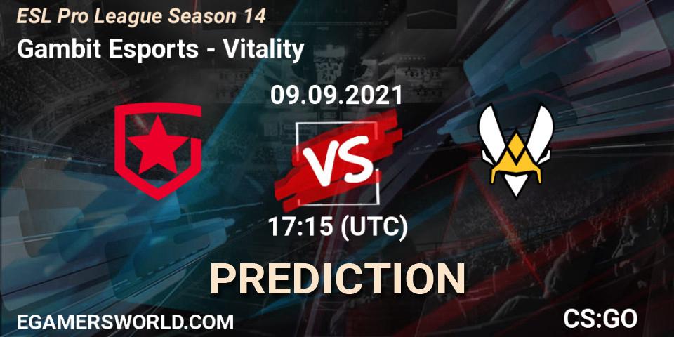 Gambit Esports contre Vitality : prédiction de match. 09.09.2021 at 17:55. Counter-Strike (CS2), ESL Pro League Season 14