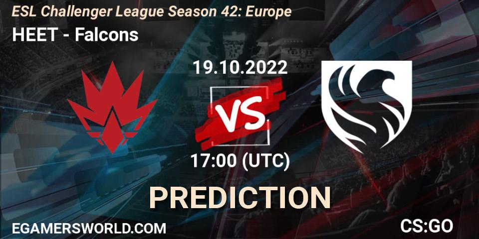 HEET contre Falcons : prédiction de match. 19.10.2022 at 17:00. Counter-Strike (CS2), ESL Challenger League Season 42: Europe