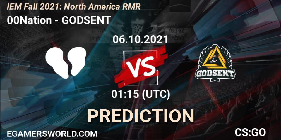 00Nation contre GODSENT : prédiction de match. 06.10.2021 at 01:45. Counter-Strike (CS2), IEM Fall 2021: North America RMR