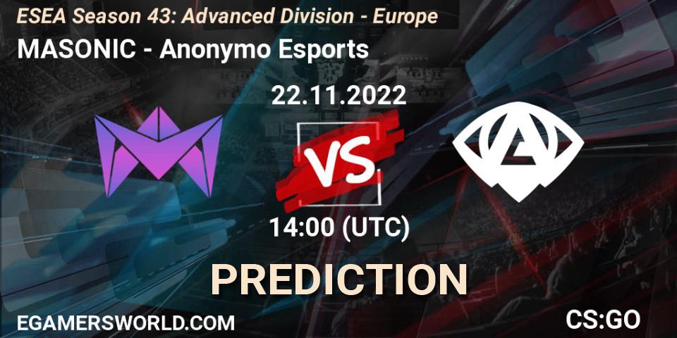 MASONIC contre Anonymo Esports : prédiction de match. 22.11.22. CS2 (CS:GO), ESEA Season 43: Advanced Division - Europe