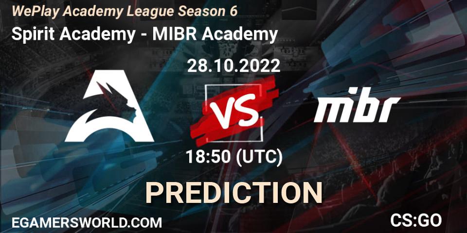 Spirit Academy contre MIBR Academy : prédiction de match. 28.10.2022 at 18:55. Counter-Strike (CS2), WePlay Academy League Season 6