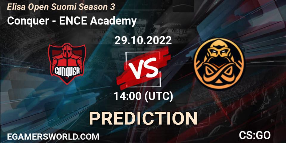Conquer contre ENCE Academy : prédiction de match. 29.10.2022 at 14:00. Counter-Strike (CS2), Elisa Open Suomi Season 3