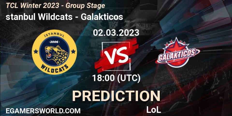 İstanbul Wildcats contre Galakticos : prédiction de match. 09.03.2023 at 18:00. LoL, TCL Winter 2023 - Group Stage