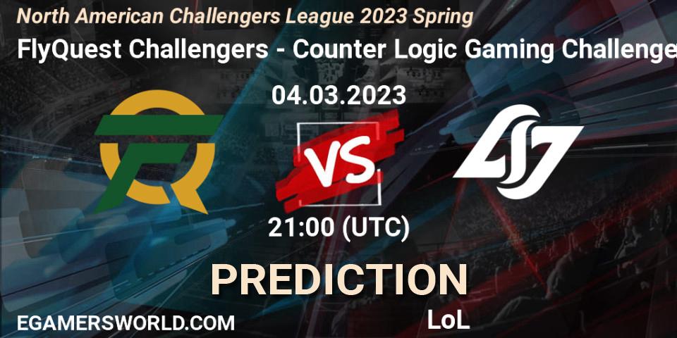 FlyQuest Challengers contre Counter Logic Gaming Challengers : prédiction de match. 04.03.23. LoL, NACL 2023 Spring - Group Stage