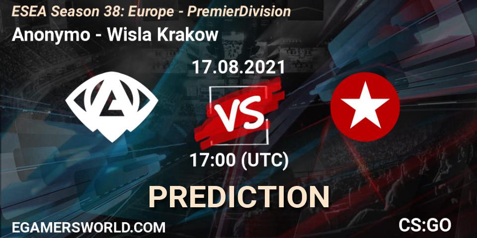 Anonymo contre Wisla Krakow : prédiction de match. 26.09.2021 at 17:00. Counter-Strike (CS2), ESEA Season 38: Europe Premier
